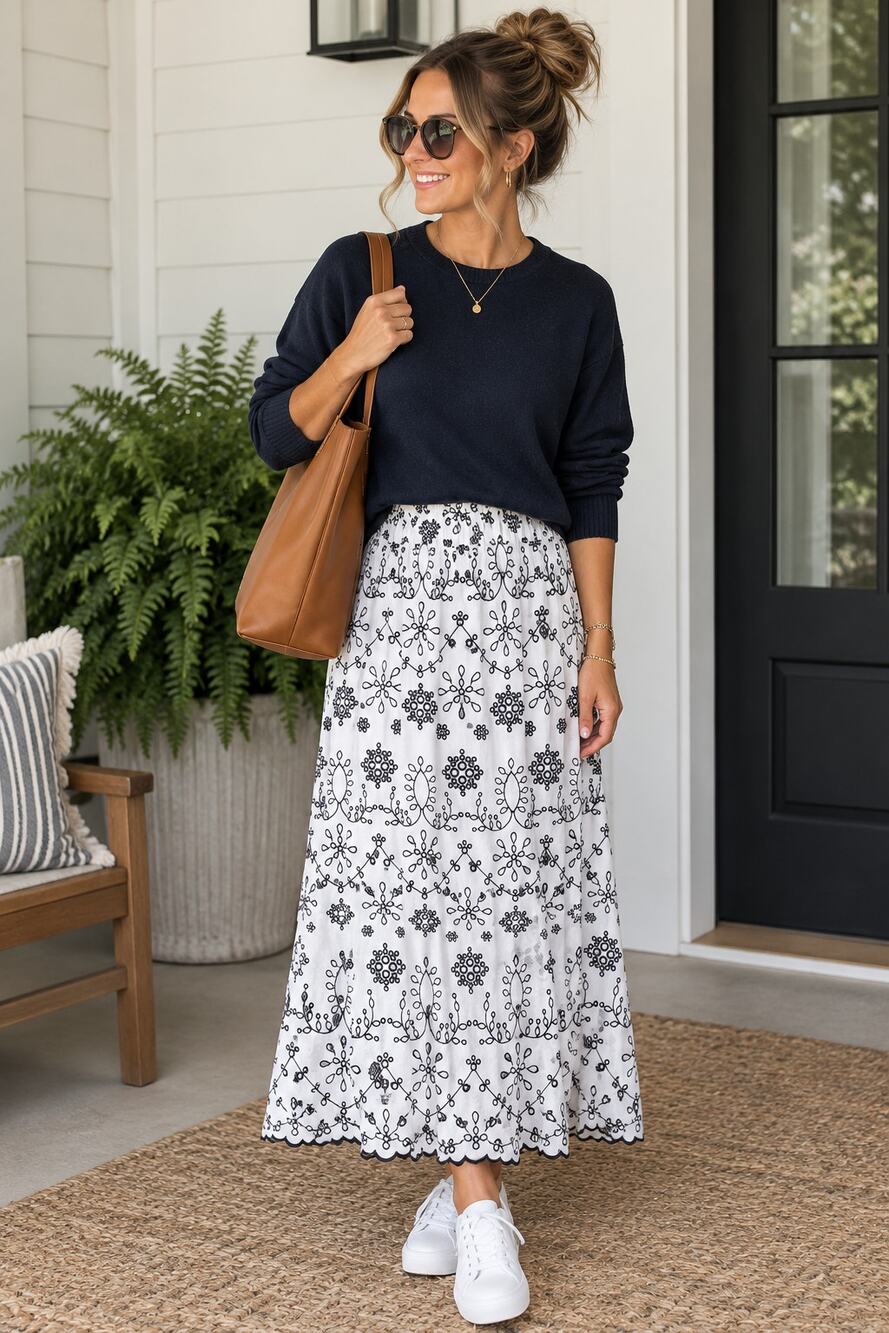 Chicos White Maxi black floral embroidery scalloped hem skirt sz 1 M/8